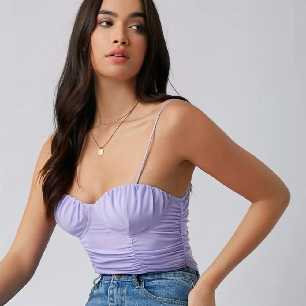 Ruched purple mesh cami top